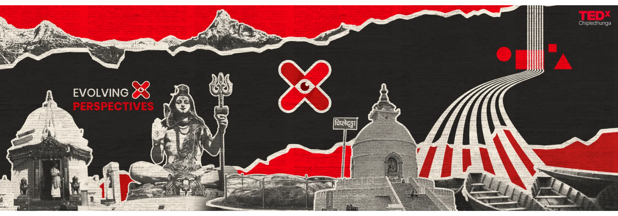 TEDxChipledhunga: Evolving Perspectives. A collage of Pokhara landmarks: Machhapuchhre, the World Peace Pagoda, the Shiva statue and boats on Phewa Lake.